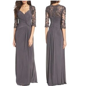 La Femme Ruched Twist Column Gown 3/4 Sleeve V Neck Gunmetal Size 10 NWT